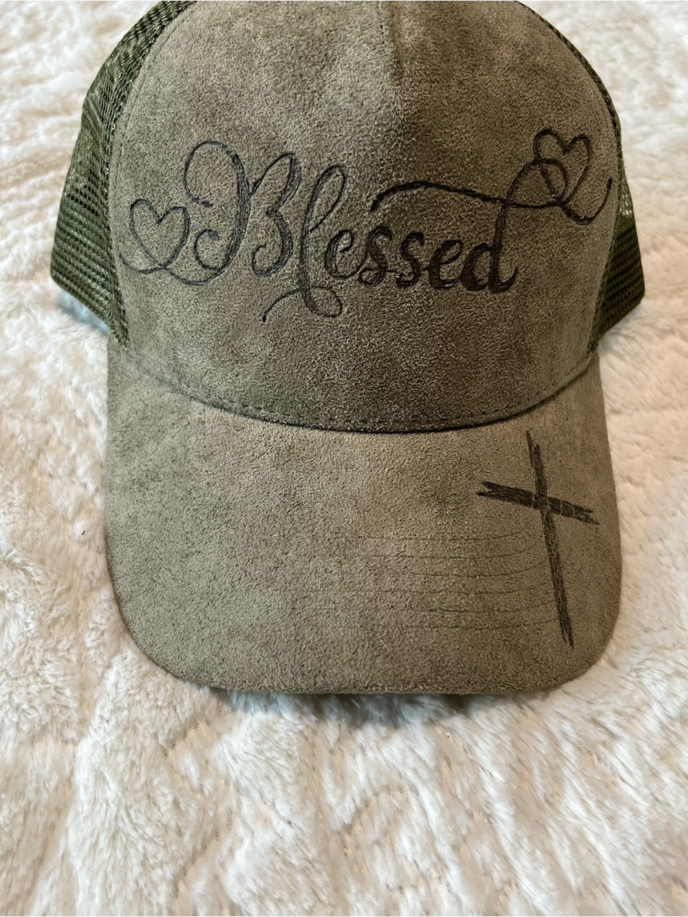 Engraved Faux Suede Trucker Hat in Olive Green “Blessed”